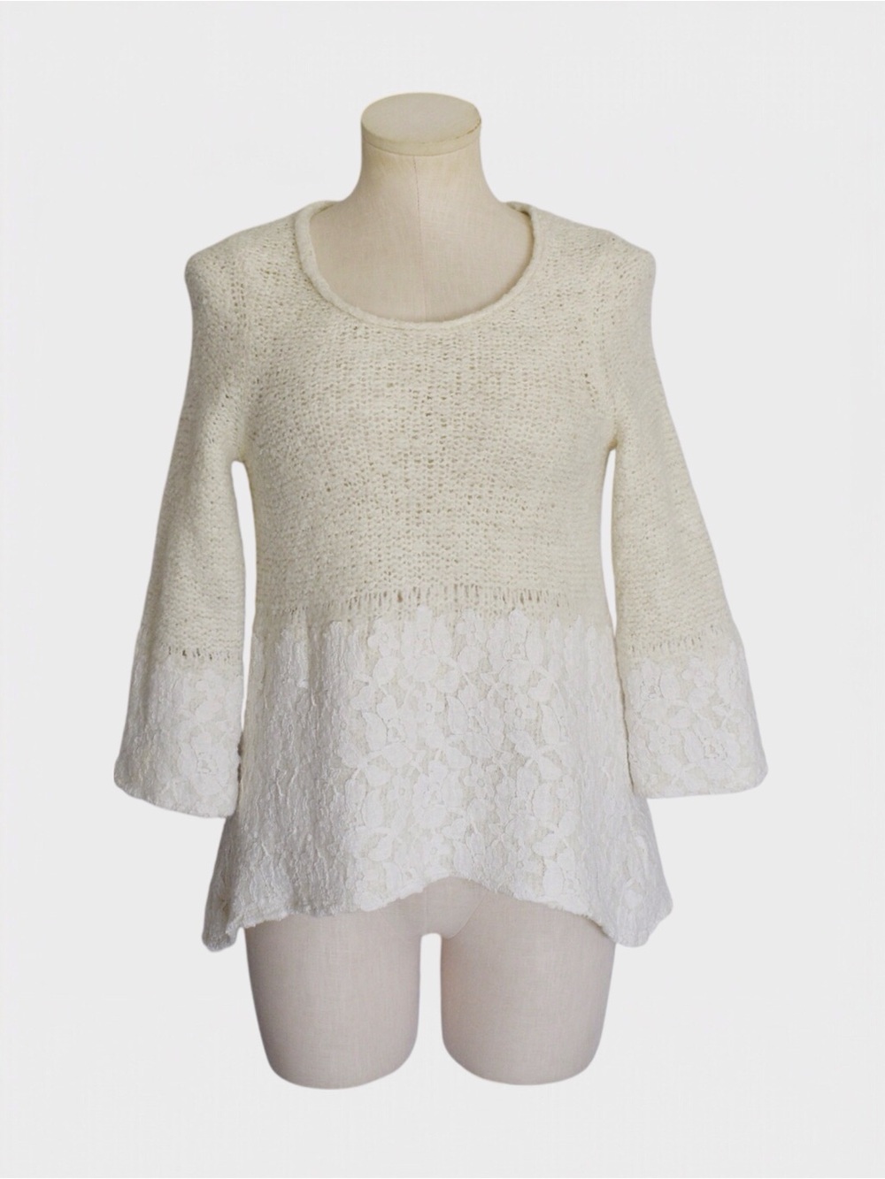 Knitted & Knotted for Anthropologie Knit Lace Peplum Sweater Boho Romantic